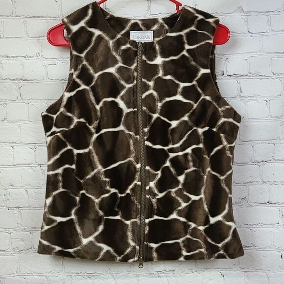 Jordan Womens Faux Fur Brown Giraffe Animal Print Vest Dual Zip Velvet Velour - Picture 4 of 7